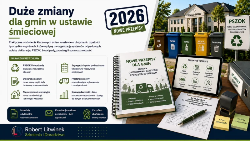 Grafika szkolenia „Duże zmiany dla gmin w ustawie śmieciowej”. Urząd gminy, PSZOK, pojemniki do segregacji, deklaracje i dokumenty ilustrują zmiany w opłatach, bioodpadach, przetargach i sprawozdawczości. Robert Litwinek Szkolenia i Doradztwo.