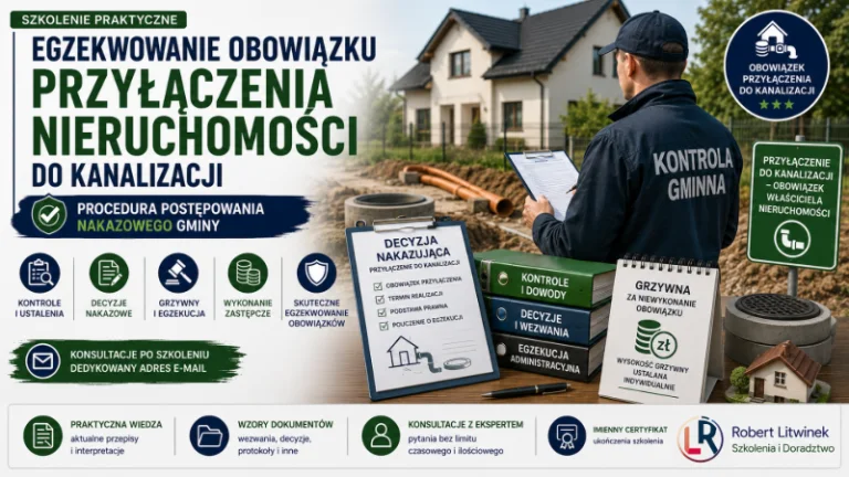 Grafika szkolenia „Egzekwowanie obowiązku przyłączenia nieruchomości do kanalizacji”. Inspektor, przyłącze, dokumenty i decyzja ilustrują kontrole, nakazy, grzywny, egzekucję administracyjną i wykonanie zastępcze.