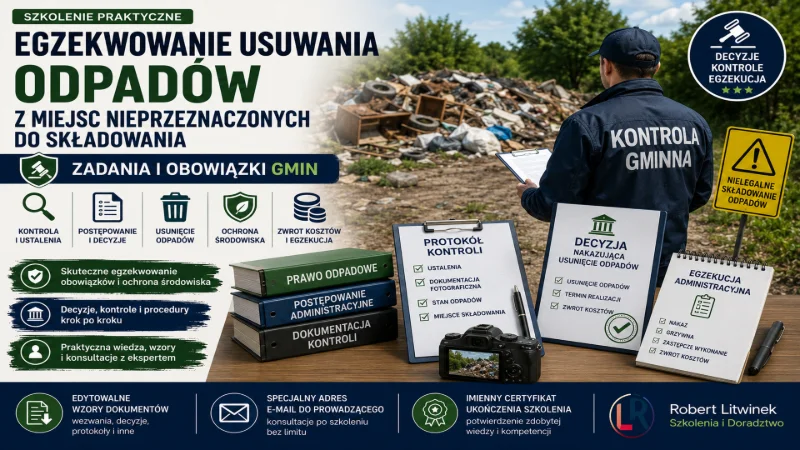 Grafika szkolenia „Egzekwowanie usuwania odpadów z miejsc nieprzeznaczonych do składowania”. Nielegalne wysypisko, kontrola gminna, protokół i decyzja ilustrują obowiązki gminy, usunięcie odpadów, zwrot kosztów i egzekucję administracyjną.