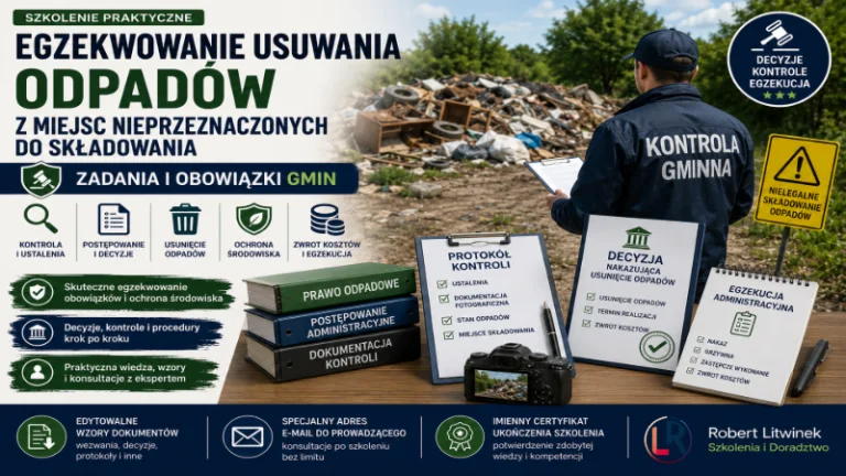 Grafika szkolenia „Egzekwowanie usuwania odpadów z miejsc nieprzeznaczonych do składowania”. Nielegalne wysypisko, kontrola gminna, protokół i decyzja ilustrują obowiązki gminy, usunięcie odpadów, zwrot kosztów i egzekucję administracyjną.