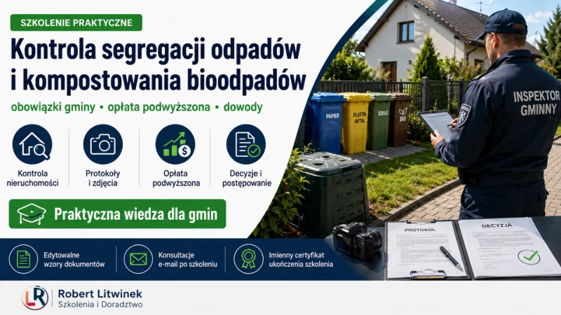Grafika szkolenia „Kontrola prawidłowej segregacji odpadów komunalnych i kompostowania bioodpadów”. Inspektor, pojemniki, kompostownik, protokół i decyzja ilustrują kontrole, dowody, opłatę podwyższoną i obowiązki gminy.