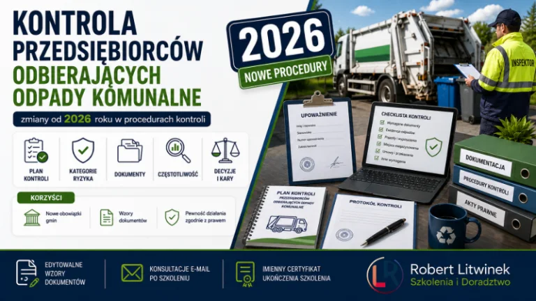 Grafika szkolenia „Kontrola przedsiębiorców odbierających odpady komunalne – zmiany od 2026 roku”. Inspektor, śmieciarka, dokumenty i checklista ilustrują planowanie kontroli, kategorie ryzyka, upoważnienia, protokoły oraz decyzje i kary. Robert Litwinek Szkolenia i Doradztwo.