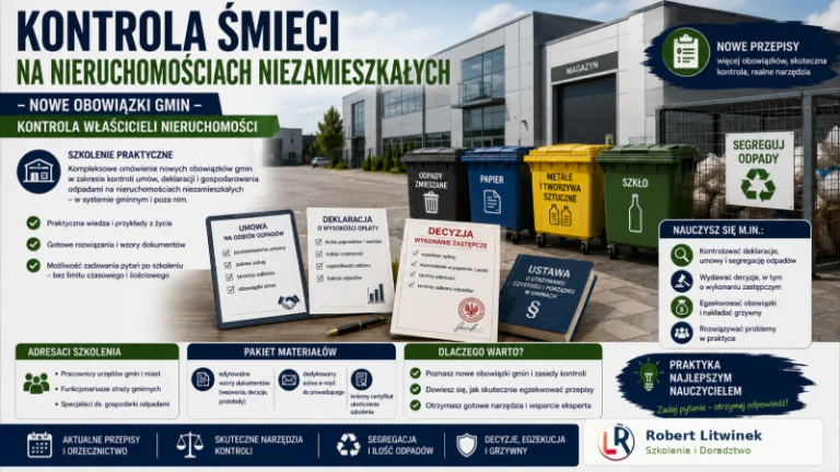 Grafika szkolenia „Kontrola śmieci na nieruchomościach niezamieszkałych”. Obiekt użytkowy, pojemniki na odpady i dokumenty ilustrują kontrolę umów i deklaracji, segregację, opłaty, decyzje, wykonanie zastępcze oraz nowe obowiązki gmin.