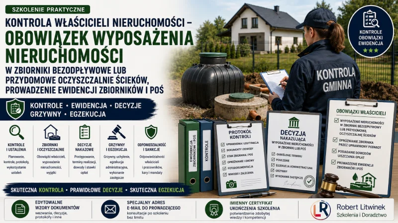 Grafika szkolenia „Kontrola właścicieli nieruchomości”. Inspektor, zbiornik bezodpływowy, dokumenty i decyzje ilustrują kontrole, ewidencję zbiorników i POŚ, nakazy, grzywny oraz egzekucję obowiązków właścicieli.