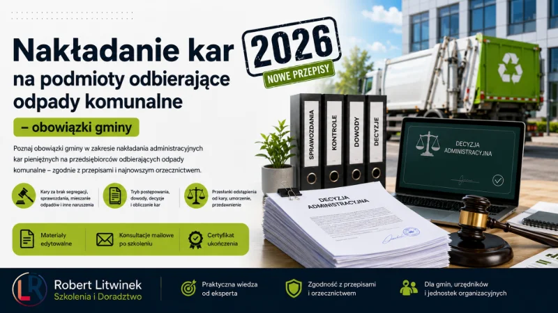 Grafika szkolenia „Nakładanie kar na podmioty odbierające odpady komunalne – obowiązki gminy”. Dokumenty, laptop z decyzją administracyjną, młotek sędziowski i śmieciarka ilustrują temat kar, postępowań i obowiązków gminy. Robert Litwinek Szkolenia i Doradztwo.