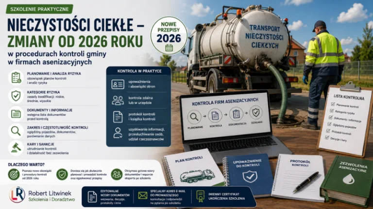 Grafika szkolenia „Nieczystości ciekłe – zmiany od 2026 roku w procedurach kontroli gminy w firmach asenizacyjnych”. Wóz asenizacyjny, pracownik i dokumenty ilustrują plan kontroli, analizę ryzyka, oględziny, protokoły i sankcje.