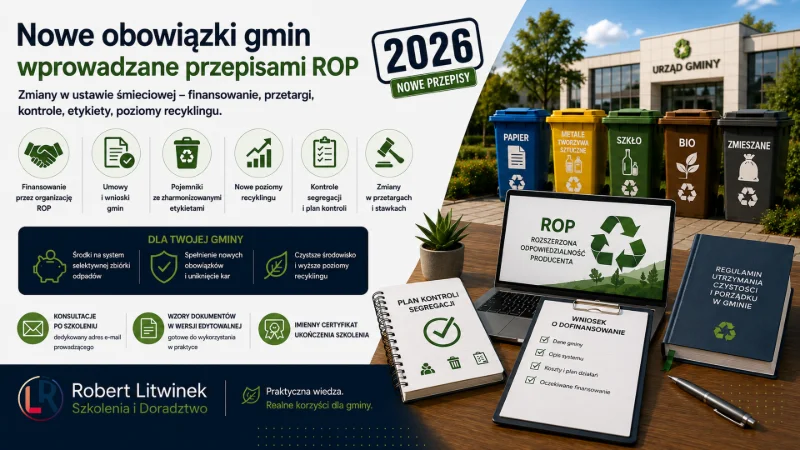 Grafika szkolenia „Nowe obowiązki gmin wprowadzane przepisami ROP”. Pojemniki do segregacji, dokumenty, laptop i materiały urzędowe ilustrują finansowanie ROP, nowe zasady kontroli, przetargów i recyklingu. Robert Litwinek Szkolenia i Doradztwo.