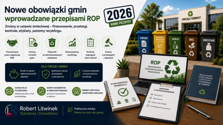 Grafika szkolenia „Nowe obowiązki gmin wprowadzane przepisami ROP”. Pojemniki do segregacji, dokumenty, laptop i materiały urzędowe ilustrują finansowanie ROP, nowe zasady kontroli, przetargów i recyklingu. Robert Litwinek Szkolenia i Doradztwo.