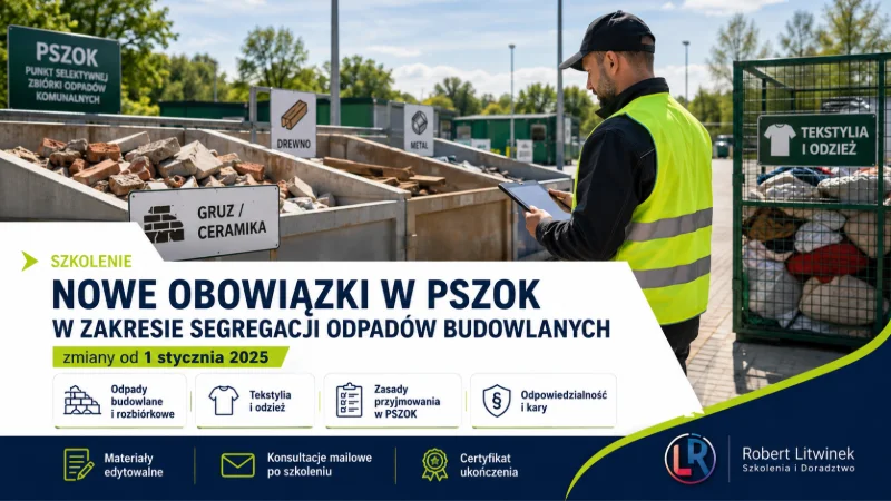 Grafika szkolenia „Nowe obowiązki w PSZOK w zakresie segregacji odpadów budowlanych”. Operator PSZOK, kontenery na gruz, drewno i metal oraz pojemnik na tekstylia ilustrują nowe zasady segregacji i odpowiedzialność. Robert Litwinek Szkolenia i Doradztwo.
