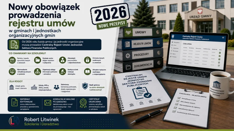 Grafika szkolenia „Nowy obowiązek prowadzenia rejestru umów w gminach i jednostkach organizacyjnych gmin”. Laptop, segregatory, checklista i dokumenty ilustrują zasady rejestru, ochronę danych, procedury i odpowiedzialność. Robert Litwinek Szkolenia i Doradztwo.