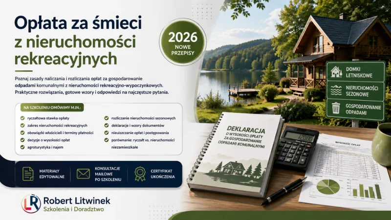 Grafika szkolenia „Opłata za śmieci z nieruchomości rekreacyjnych”. Domek letniskowy nad jeziorem, dokumenty, kalkulator i symbole opłat ilustrują zasady rozliczeń, deklaracji i uchwał gminnych. Robert Litwinek Szkolenia i Doradztwo.