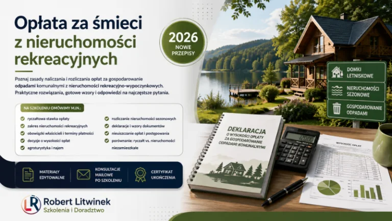 Grafika szkolenia „Opłata za śmieci z nieruchomości rekreacyjnych”. Domek letniskowy nad jeziorem, dokumenty, kalkulator i symbole opłat ilustrują zasady rozliczeń, deklaracji i uchwał gminnych. Robert Litwinek Szkolenia i Doradztwo.