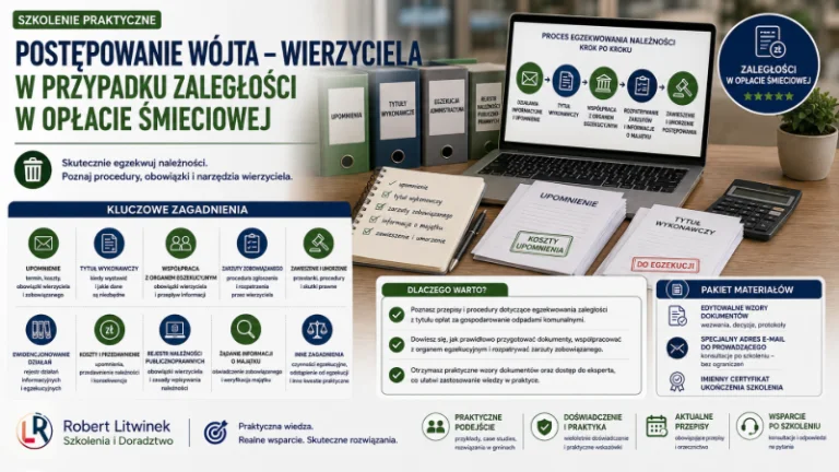 Grafika szkolenia „Postępowanie wójta – wierzyciela w przypadku zaległości w opłacie śmieciowej”. Dokumenty, laptop, upomnienia i tytuły wykonawcze ilustrują egzekucję należności, zarzuty, koszty, przedawnienie oraz współpracę z organem egzekucyjnym.