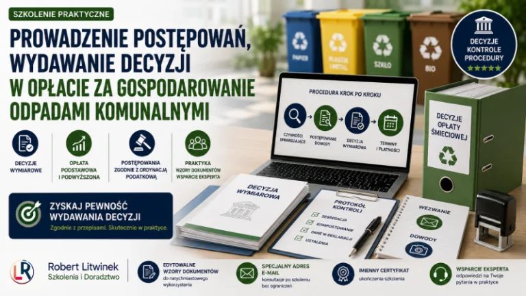 Grafika szkolenia „Prowadzenie postępowań, wydawanie decyzji wymiarowych w opłacie za gospodarowanie odpadami komunalnymi”. Dokumenty, laptop i protokół ilustrują decyzje wymiarowe, opłatę podstawową i podwyższoną, dowody, terminy oraz postępowanie.