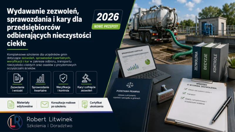 Grafika szkolenia „Wydawanie zezwoleń, sprawozdania i kary dla przedsiębiorców odbierających nieczystości ciekłe”. Wóz asenizacyjny, dokumenty, tablet i pieczątka ilustrują temat zezwoleń, sprawozdań kwartalnych i kar. Robert Litwinek Szkolenia i Doradztwo.