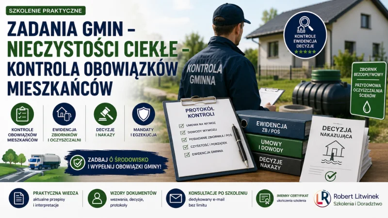 Grafika szkolenia „Zadania gmin – nieczystości ciekłe – kontrola obowiązków mieszkańców”. Inspektor, zbiornik, protokół i dokumenty ilustrują ewidencję, kontrole, decyzje, mandaty oraz egzekwowanie obowiązków właścicieli nieruchomości.