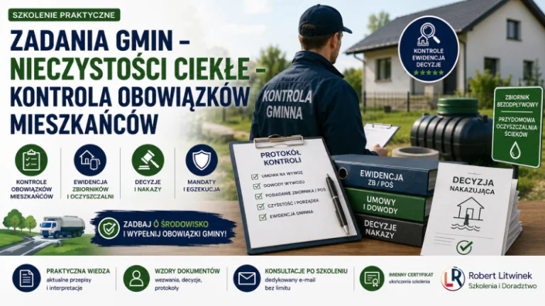 Grafika szkolenia „Zadania gmin – nieczystości ciekłe – kontrola obowiązków mieszkańców”. Inspektor, zbiornik, protokół i dokumenty ilustrują ewidencję, kontrole, decyzje, mandaty oraz egzekwowanie obowiązków właścicieli nieruchomości.