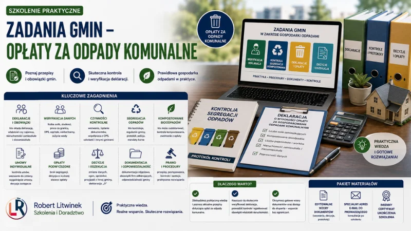 Grafika szkolenia „Zadania gmin – opłaty za odpady komunalne”. Laptop, deklaracje, segregatory, dokumenty i pojemniki do segregacji ilustrują weryfikację deklaracji, kontrole, kompostowanie, opłaty podwyższone, decyzje i egzekucję obowiązków.